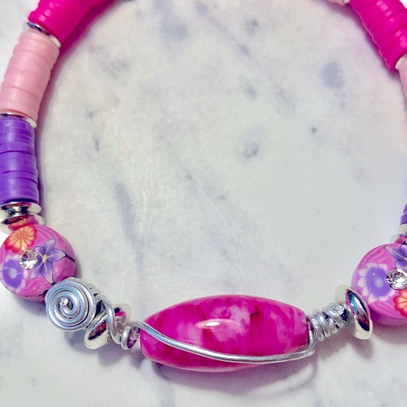 Handmade One of a Kind Pink Heishi Bead Artisan Designed Bracelet & Wire accents - Picture 2 of 2